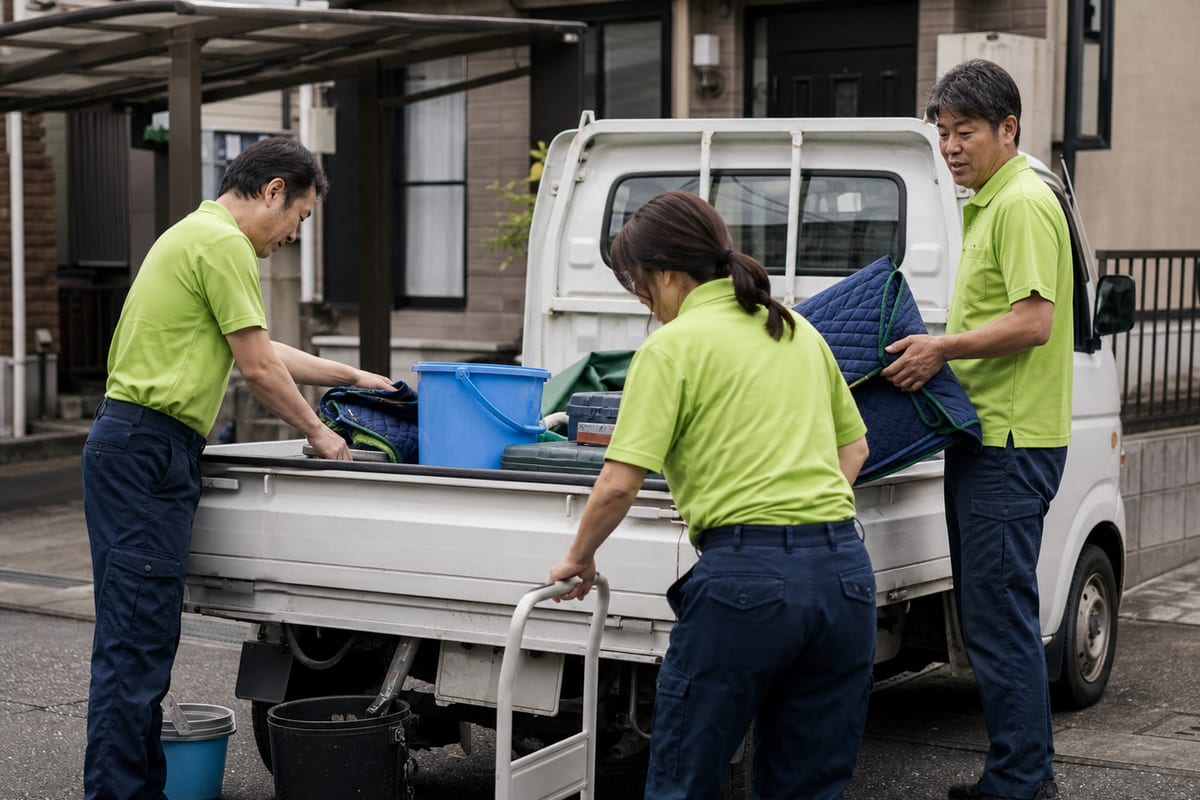 作業前に社用車へ道具を積み込む便利屋スタッフ
