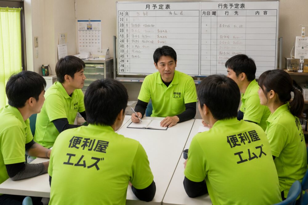 事務所で予定表を前にミーティングするスタッフ