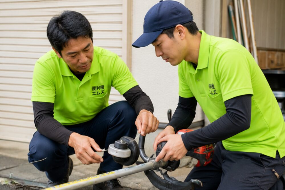 刈払機の整備を教わるスタッフ