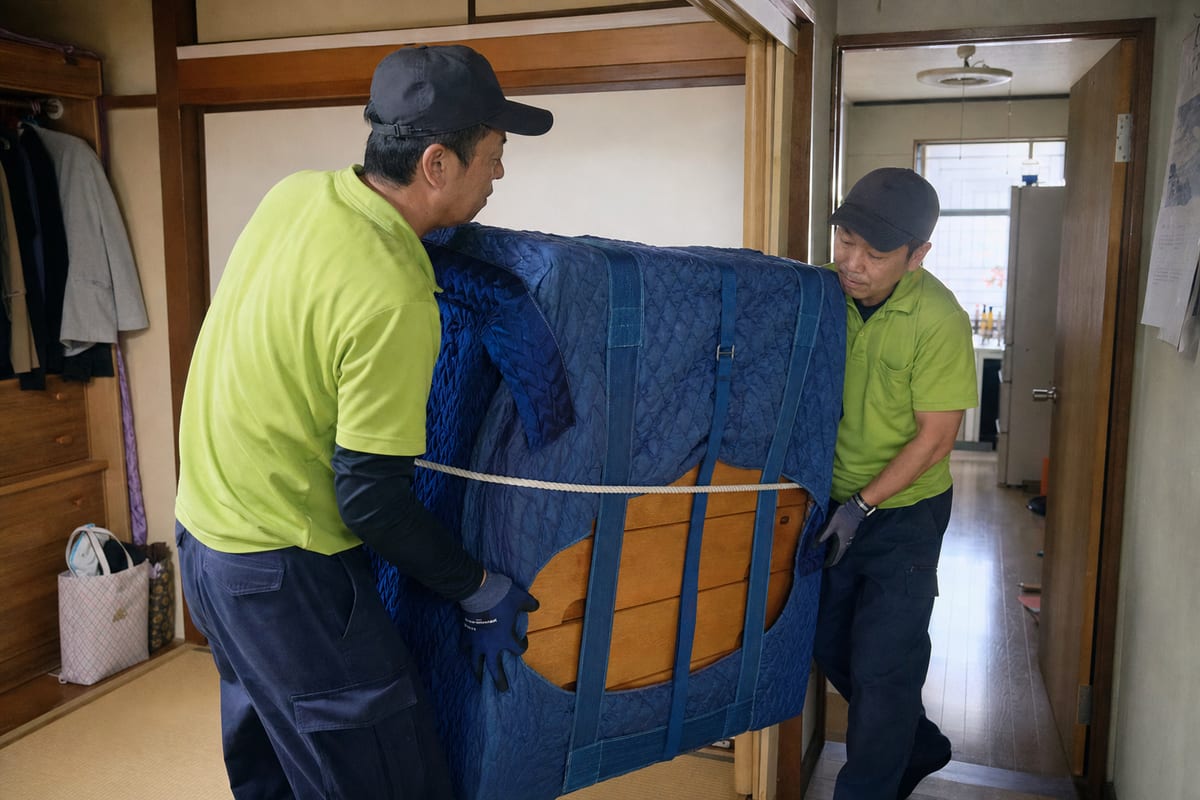 毛布で養生したタンスを2人で運ぶスタッフ