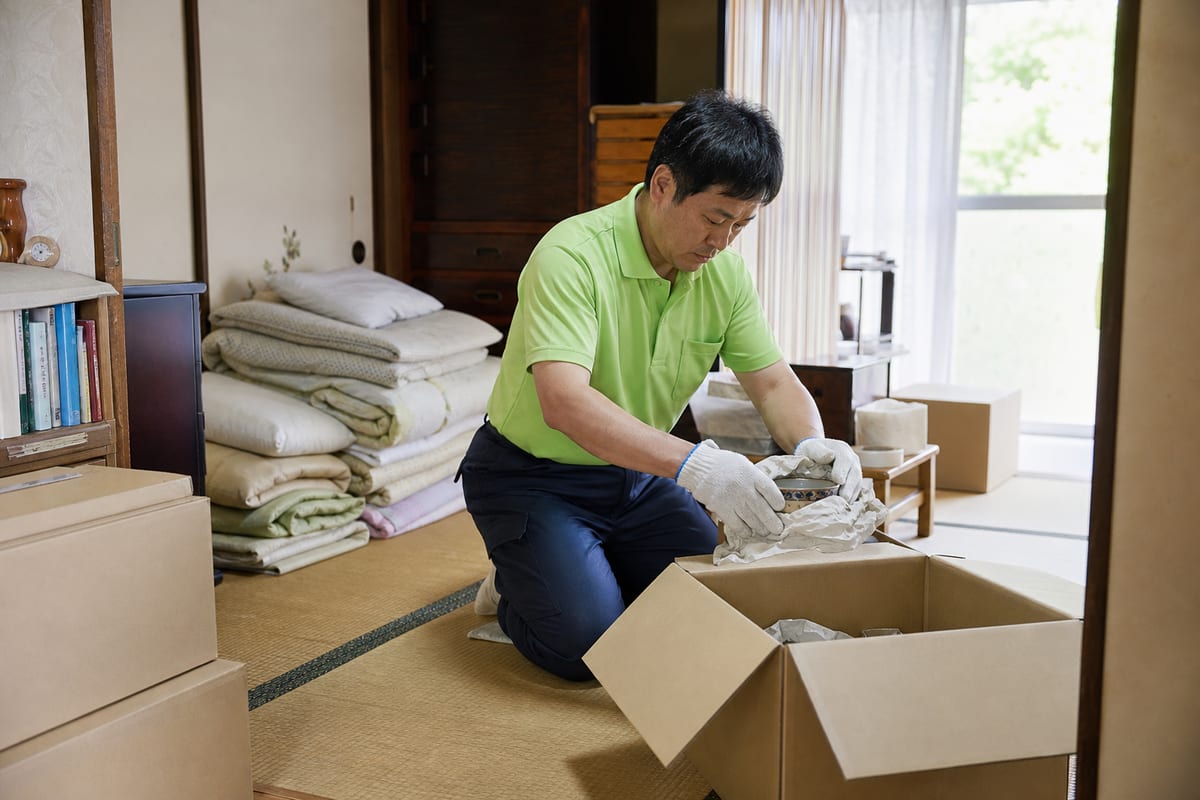 和室で家財を丁寧に仕分けて箱詰めするスタッフ