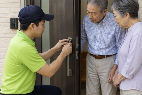 玄関ドアの鍵を交換する様子